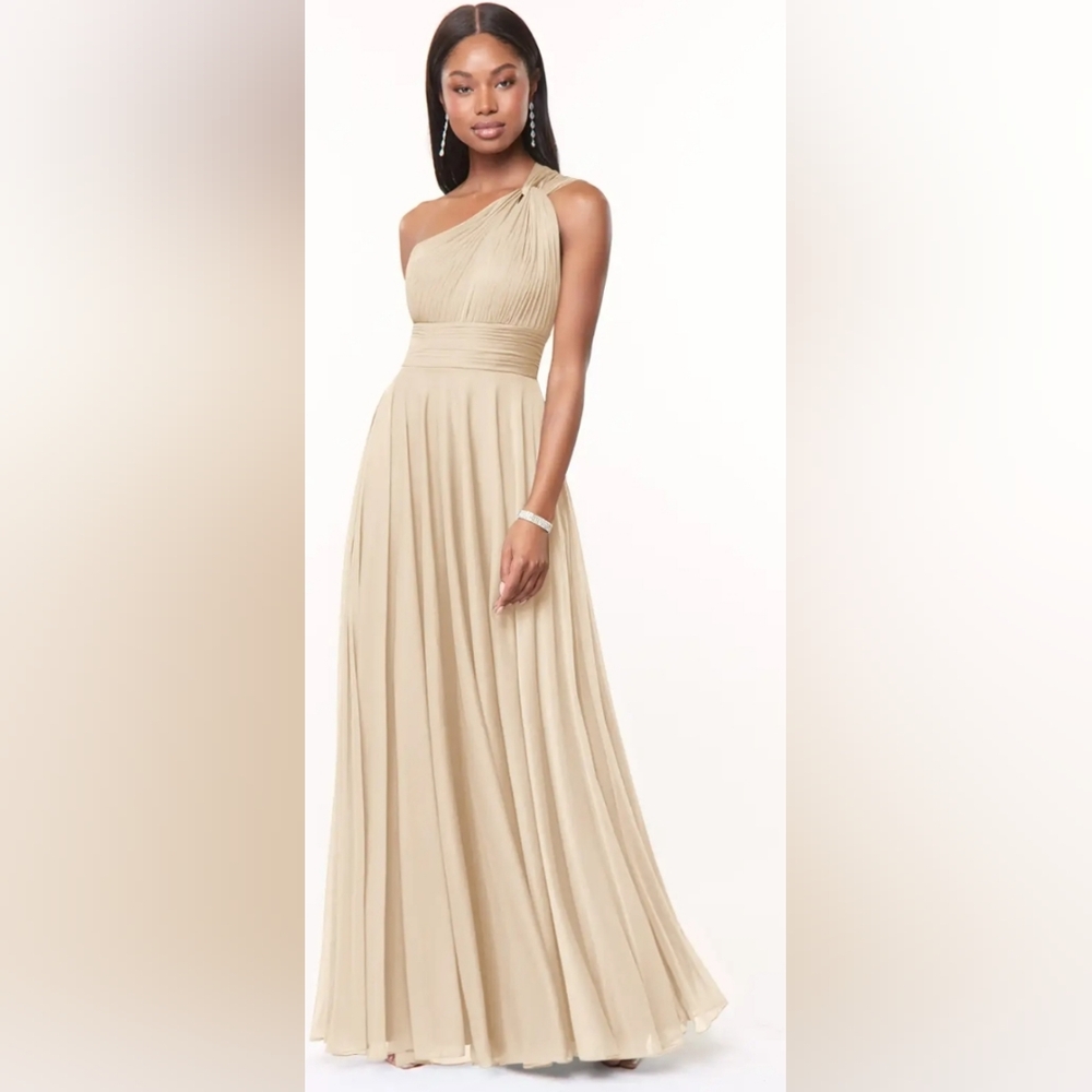 Azazie Charlize StretchChampagne A-Line One Shoulder Mesh Dress Size 2